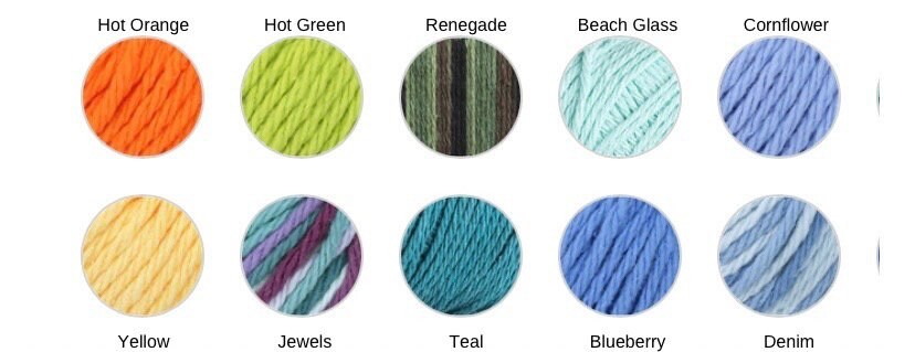 Color swatches of yarn in various colors including Hot Orange, Hot Green, Renegade, Beach Glass, Cornflower, Yellow, Jewels, Teal, Blueberry, and Denim.