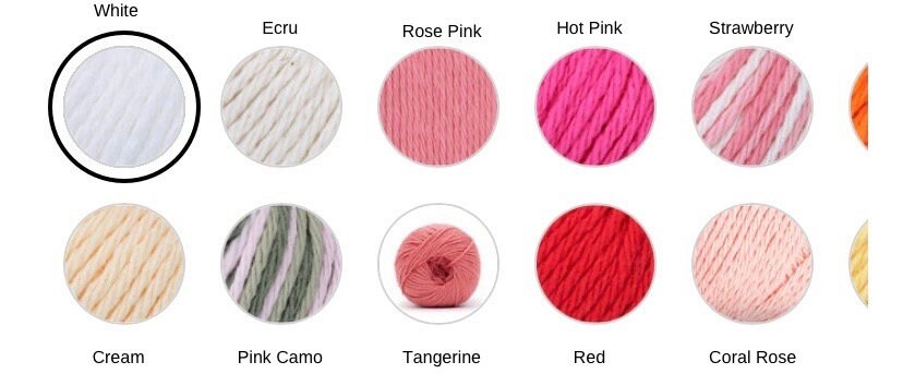 Color swatches of yarn in various colors including White, Ecru, Rose Pink, Hot Pink, Strawberry, Cream, Pink Camo, Tangerine, Red, and Coral Rose.