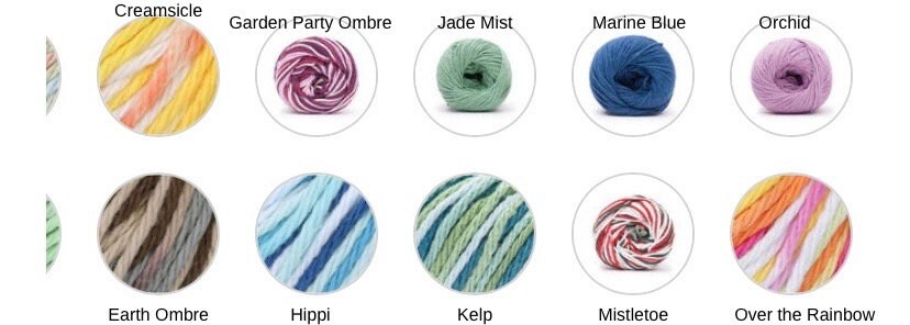 Color swatches of yarn in various patterns and colors on a white background